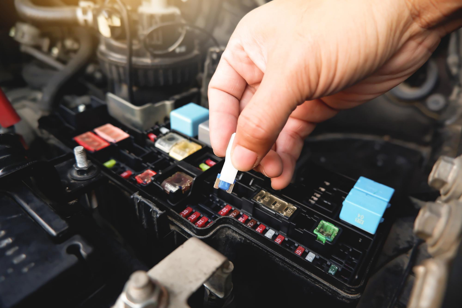 mechanic replaces spare fuse car fuse box with fuse clip tool